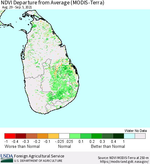 Sri Lanka NDVI Departure from Average (Terra-MODIS) Thematic Map For 9/1/2021 - 9/10/2021