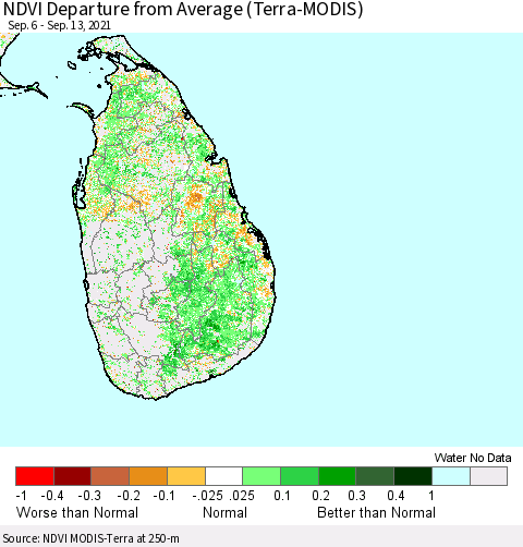 Sri Lanka NDVI Departure from Average (Terra-MODIS) Thematic Map For 9/6/2021 - 9/13/2021