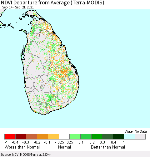 Sri Lanka NDVI Departure from Average (Terra-MODIS) Thematic Map For 9/14/2021 - 9/21/2021