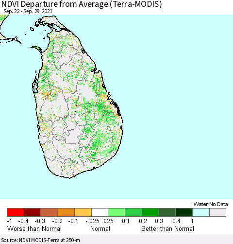 Sri Lanka NDVI Departure from Average (Terra-MODIS) Thematic Map For 9/22/2021 - 9/29/2021