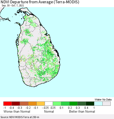 Sri Lanka NDVI Departure from Average (Terra-MODIS) Thematic Map For 9/30/2021 - 10/7/2021