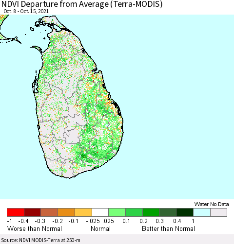 Sri Lanka NDVI Departure from Average (Terra-MODIS) Thematic Map For 10/8/2021 - 10/15/2021