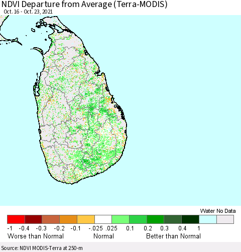 Sri Lanka NDVI Departure from Average (Terra-MODIS) Thematic Map For 10/16/2021 - 10/23/2021