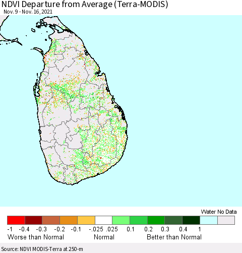 Sri Lanka NDVI Departure from Average (Terra-MODIS) Thematic Map For 11/9/2021 - 11/16/2021