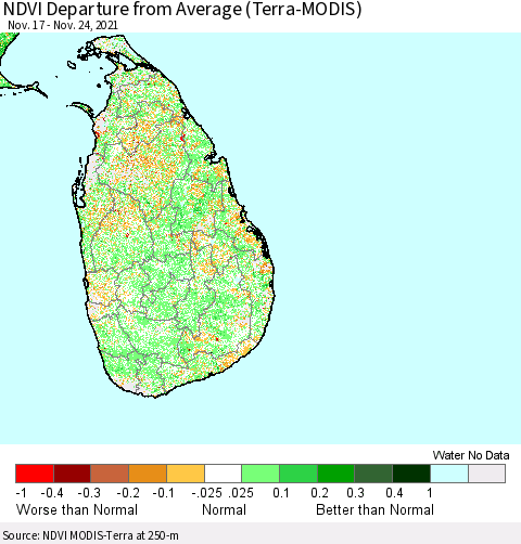 Sri Lanka NDVI Departure from Average (Terra-MODIS) Thematic Map For 11/17/2021 - 11/24/2021