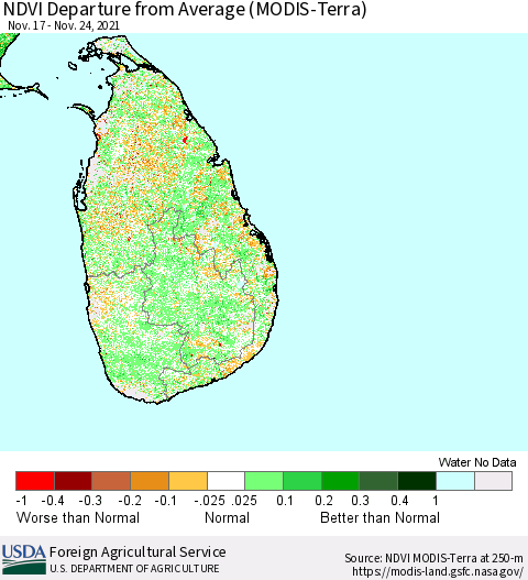Sri Lanka NDVI Departure from Average (Terra-MODIS) Thematic Map For 11/21/2021 - 11/30/2021