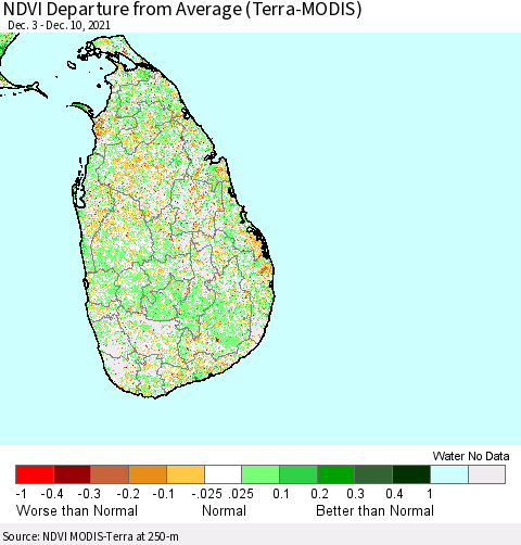 Sri Lanka NDVI Departure from Average (MODIS-Terra) Thematic Map For 12/1/2021 - 12/10/2021
