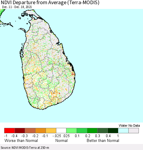 Sri Lanka NDVI Departure from Average (Terra-MODIS) Thematic Map For 12/11/2021 - 12/18/2021