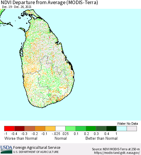 Sri Lanka NDVI Departure from Average (Terra-MODIS) Thematic Map For 12/21/2021 - 12/31/2021