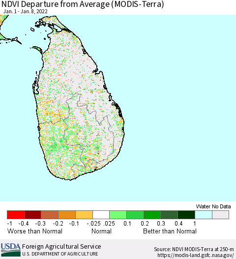 Sri Lanka NDVI Departure from Average (Terra-MODIS) Thematic Map For 1/1/2022 - 1/10/2022