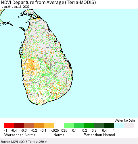 Sri Lanka NDVI Departure from Average (Terra-MODIS) Thematic Map For 1/9/2022 - 1/16/2022