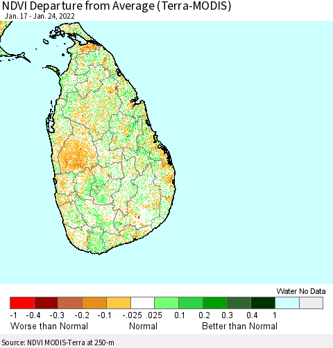 Sri Lanka NDVI Departure from Average (Terra-MODIS) Thematic Map For 1/17/2022 - 1/24/2022