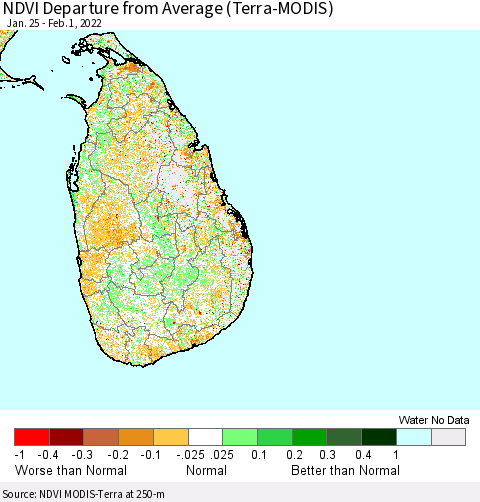 Sri Lanka NDVI Departure from Average (Terra-MODIS) Thematic Map For 1/25/2022 - 2/1/2022