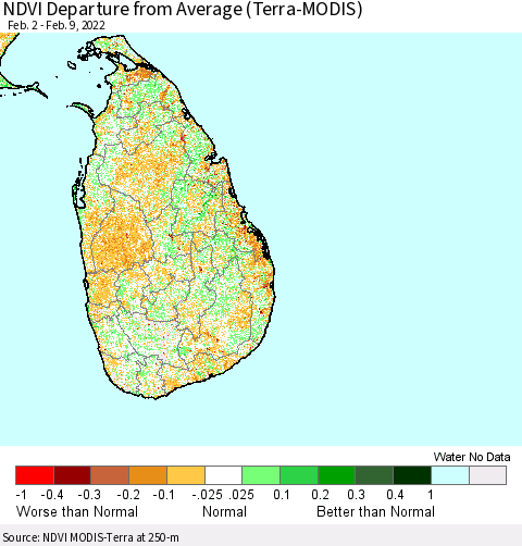 Sri Lanka NDVI Departure from Average (Terra-MODIS) Thematic Map For 2/2/2022 - 2/9/2022