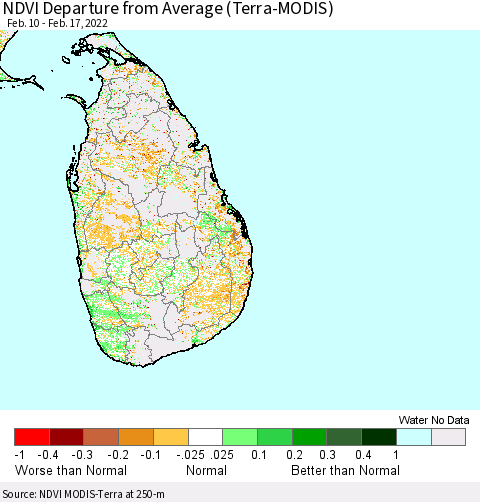 Sri Lanka NDVI Departure from Average (Terra-MODIS) Thematic Map For 2/10/2022 - 2/17/2022