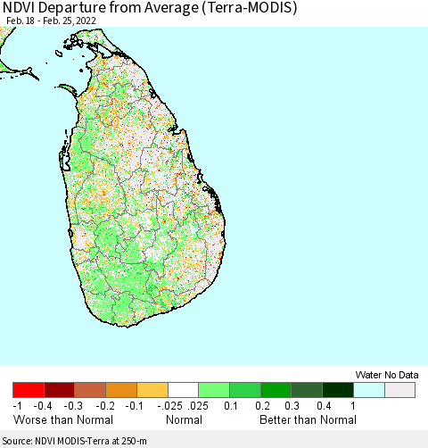 Sri Lanka NDVI Departure from Average (Terra-MODIS) Thematic Map For 2/18/2022 - 2/25/2022