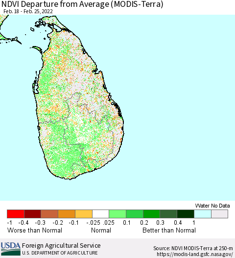 Sri Lanka NDVI Departure from Average (Terra-MODIS) Thematic Map For 2/21/2022 - 2/28/2022