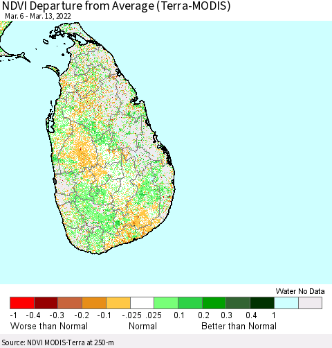 Sri Lanka NDVI Departure from Average (Terra-MODIS) Thematic Map For 3/6/2022 - 3/13/2022