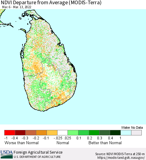 Sri Lanka NDVI Departure from Average (Terra-MODIS) Thematic Map For 3/11/2022 - 3/20/2022