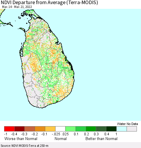 Sri Lanka NDVI Departure from Average (Terra-MODIS) Thematic Map For 3/14/2022 - 3/21/2022
