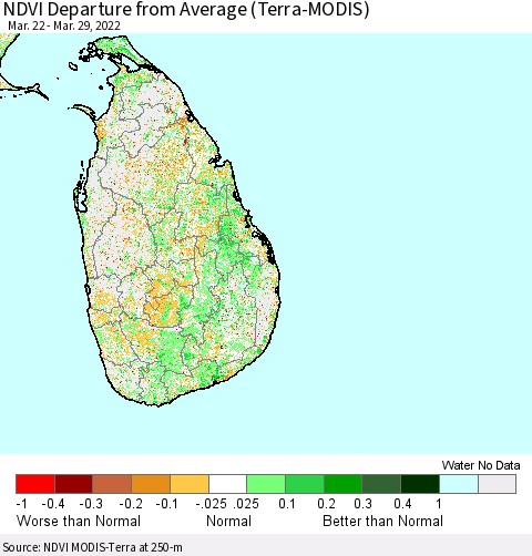 Sri Lanka NDVI Departure from Average (Terra-MODIS) Thematic Map For 3/22/2022 - 3/29/2022
