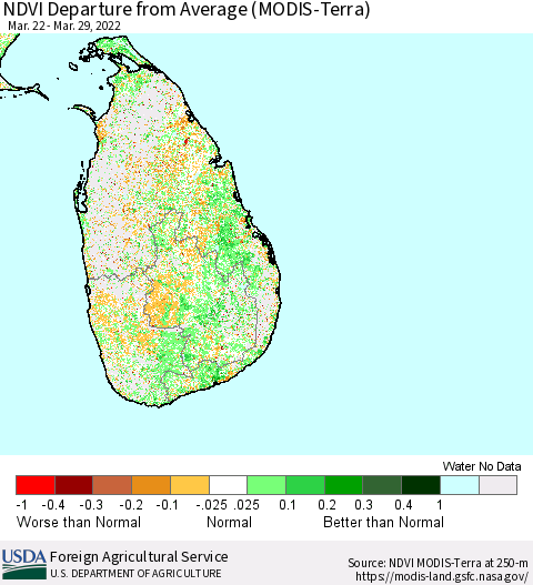 Sri Lanka NDVI Departure from Average (Terra-MODIS) Thematic Map For 3/21/2022 - 3/31/2022
