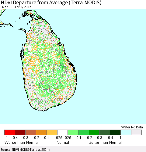 Sri Lanka NDVI Departure from Average (Terra-MODIS) Thematic Map For 3/30/2022 - 4/6/2022