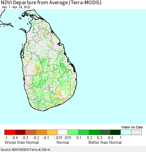 Sri Lanka NDVI Departure from Average (Terra-MODIS) Thematic Map For 4/7/2022 - 4/14/2022