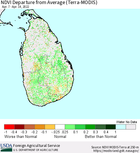 Sri Lanka NDVI Departure from Average (Terra-MODIS) Thematic Map For 4/11/2022 - 4/20/2022