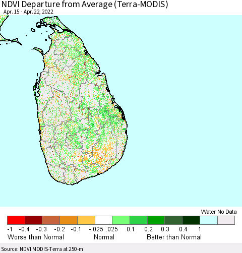 Sri Lanka NDVI Departure from Average (Terra-MODIS) Thematic Map For 4/15/2022 - 4/22/2022