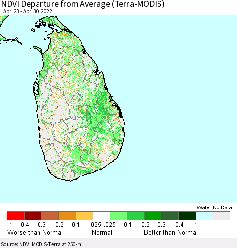 Sri Lanka NDVI Departure from Average (Terra-MODIS) Thematic Map For 4/21/2022 - 4/30/2022