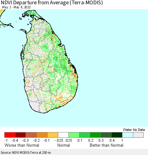 Sri Lanka NDVI Departure from Average (Terra-MODIS) Thematic Map For 5/1/2022 - 5/8/2022