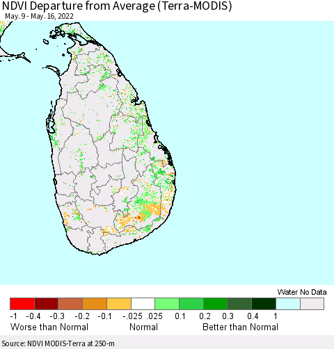 Sri Lanka NDVI Departure from Average (Terra-MODIS) Thematic Map For 5/9/2022 - 5/16/2022