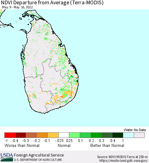Sri Lanka NDVI Departure from Average (Terra-MODIS) Thematic Map For 5/11/2022 - 5/20/2022