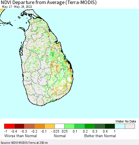 Sri Lanka NDVI Departure from Average (Terra-MODIS) Thematic Map For 5/17/2022 - 5/24/2022