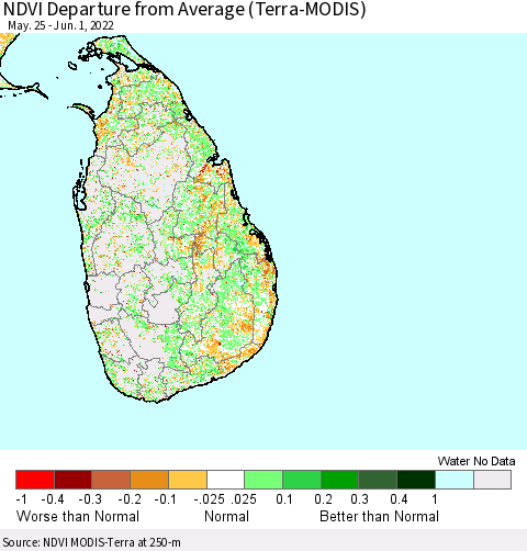 Sri Lanka NDVI Departure from Average (Terra-MODIS) Thematic Map For 5/25/2022 - 6/1/2022