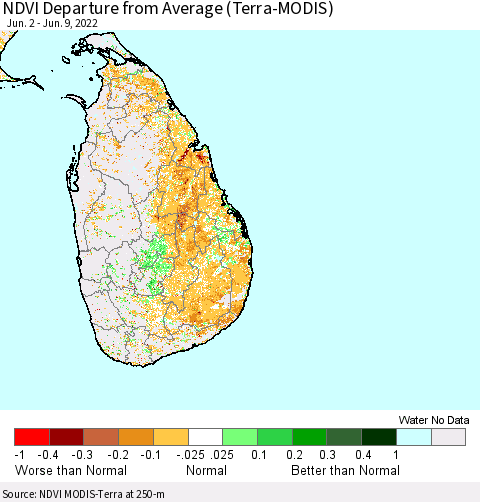 Sri Lanka NDVI Departure from Average (Terra-MODIS) Thematic Map For 6/2/2022 - 6/9/2022