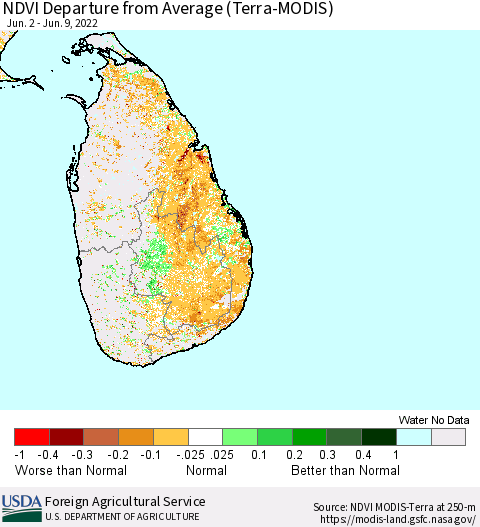 Sri Lanka NDVI Departure from Average (Terra-MODIS) Thematic Map For 6/1/2022 - 6/10/2022