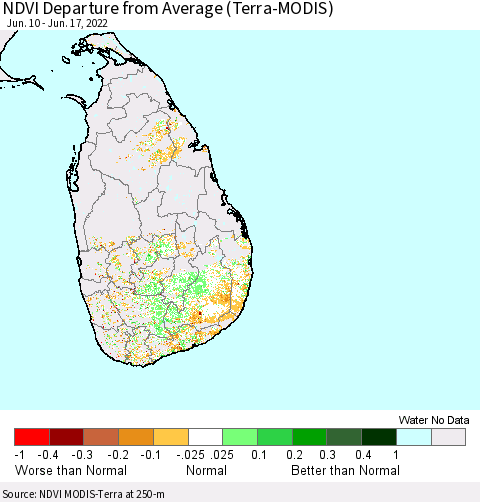 Sri Lanka NDVI Departure from Average (Terra-MODIS) Thematic Map For 6/10/2022 - 6/17/2022