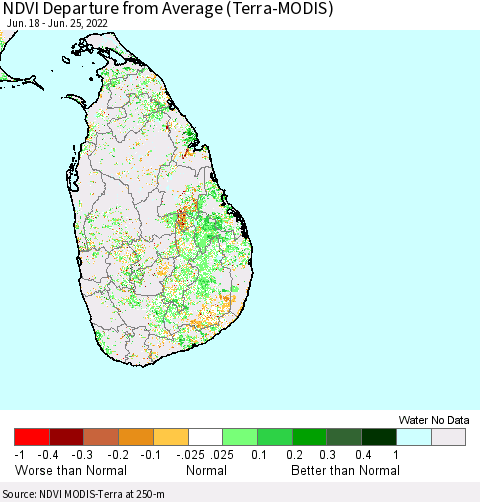 Sri Lanka NDVI Departure from Average (Terra-MODIS) Thematic Map For 6/18/2022 - 6/25/2022