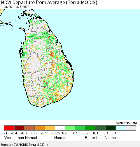 Sri Lanka NDVI Departure from Average (Terra-MODIS) Thematic Map For 6/26/2022 - 7/3/2022