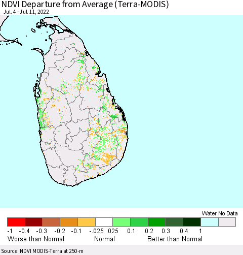 Sri Lanka NDVI Departure from Average (Terra-MODIS) Thematic Map For 7/4/2022 - 7/11/2022