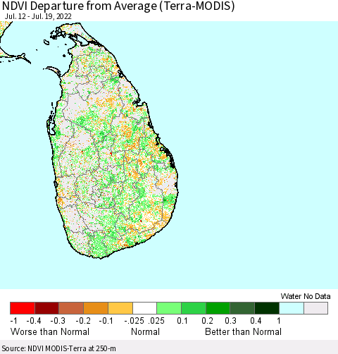 Sri Lanka NDVI Departure from Average (Terra-MODIS) Thematic Map For 7/12/2022 - 7/19/2022