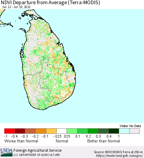 Sri Lanka NDVI Departure from Average (Terra-MODIS) Thematic Map For 7/11/2022 - 7/20/2022