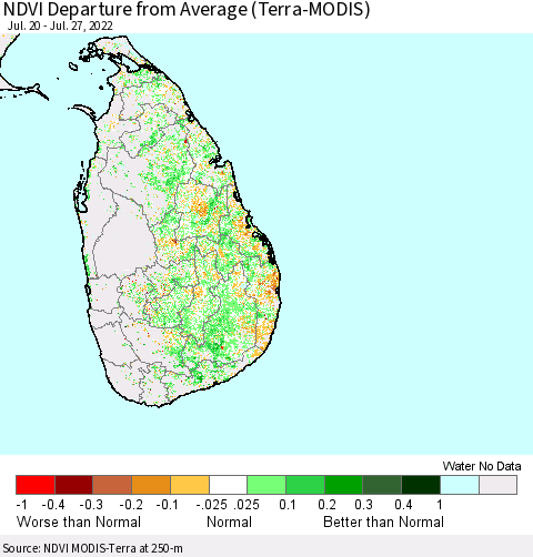 Sri Lanka NDVI Departure from Average (Terra-MODIS) Thematic Map For 7/20/2022 - 7/27/2022