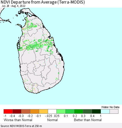 Sri Lanka NDVI Departure from Average (Terra-MODIS) Thematic Map For 7/28/2022 - 8/4/2022