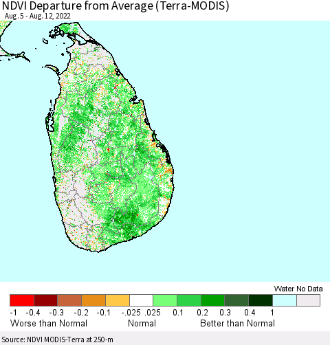 Sri Lanka NDVI Departure from Average (Terra-MODIS) Thematic Map For 8/5/2022 - 8/12/2022