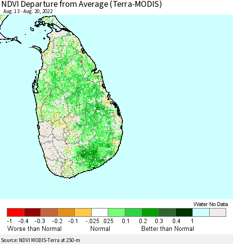Sri Lanka NDVI Departure from Average (Terra-MODIS) Thematic Map For 8/13/2022 - 8/20/2022