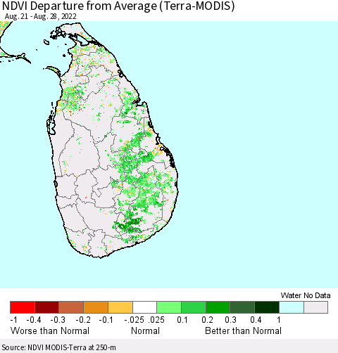 Sri Lanka NDVI Departure from Average (Terra-MODIS) Thematic Map For 8/21/2022 - 8/28/2022