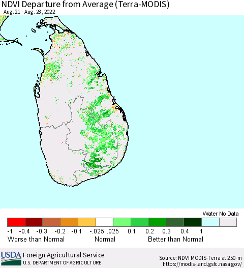 Sri Lanka NDVI Departure from Average (Terra-MODIS) Thematic Map For 8/21/2022 - 8/31/2022
